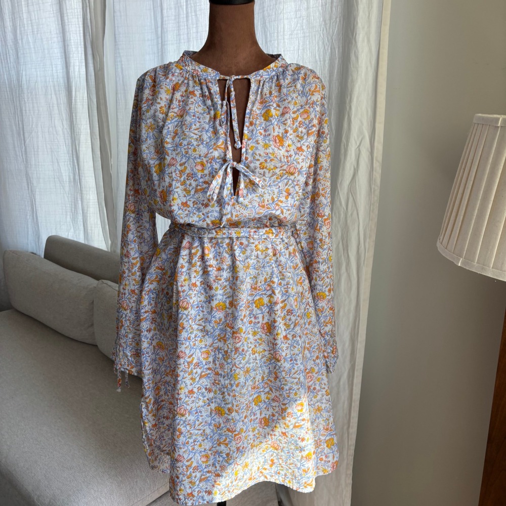 J. Crew Floral Peasant Dress M Long Sleeve Keyhole Belted Cottage Fall Boho